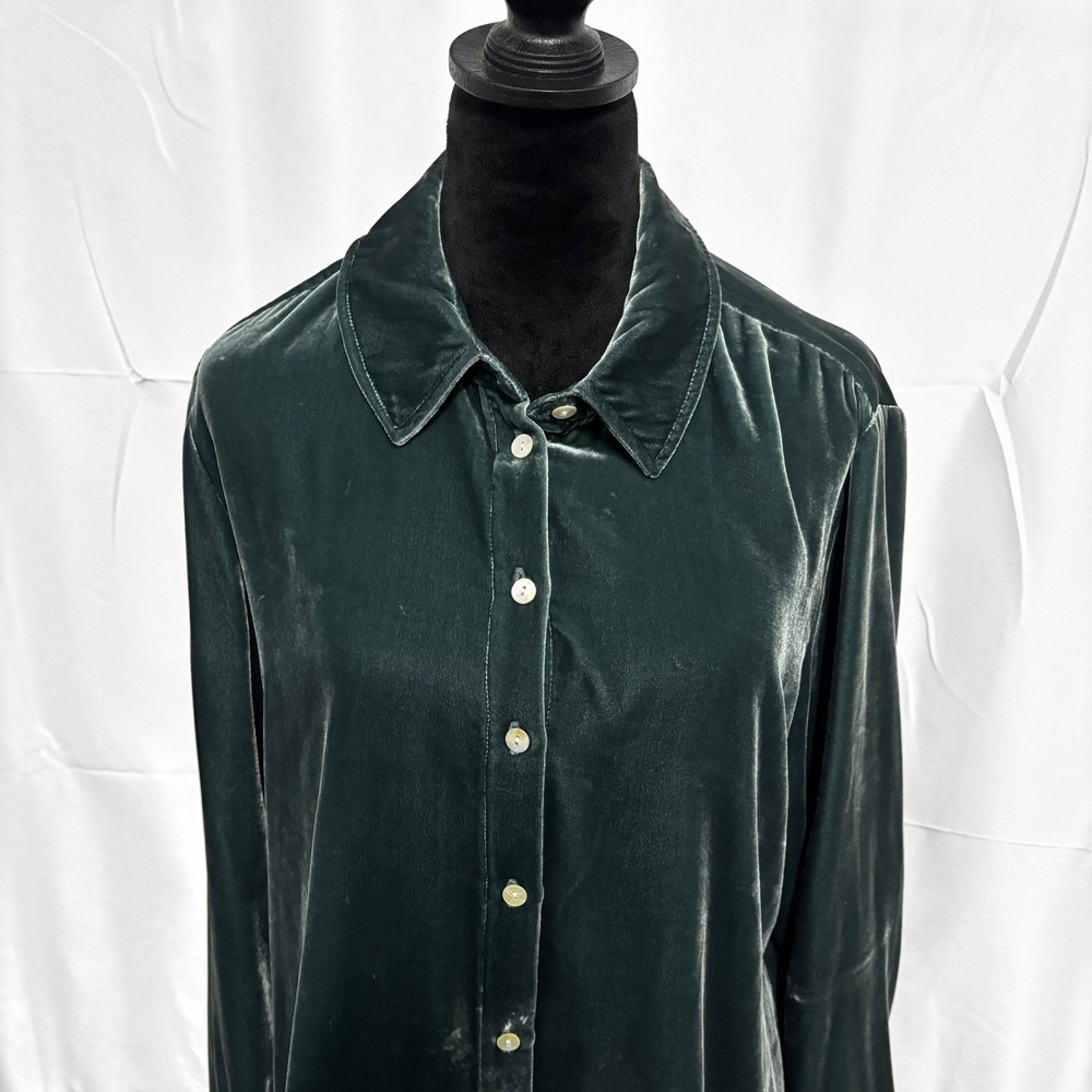 Faherty Shirt Womens‎ Large Emerald Velvet Button Front Long Sleeve Blouse Top
